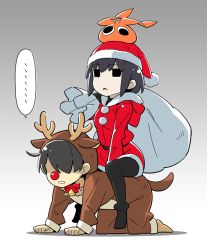 Rule 34 | ..., 1boy, 1girl, :&lt;, all fours, animal costume, animal hood, antlers, bell, between legs, black hair, black pantyhose, bob cut, bow, bowtie, brown jumpsuit, christmas, collar, fur trim, gradient background, hair over eyes, hand between legs, hand on another&#039;s back, hat, holding, holding sack, hood, hood down, hood up, horns, jitome, jumpsuit, looking ahead, monogatari (series), neck bell, oshino ougi, pantyhose, pom pom (clothes), red bow, red neckwear, red nose, red ribbon, reindeer antlers, reindeer costume, reindeer hood, ribbon, riding, sack, santa costume, santa hat, shaded face, shadow, short hair, sitting, sitting on person, spoken ellipsis, stacked hats, white fur, yamanami kousuke