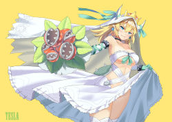 Rule 34 | 1girl, alternate costume, arm ribbon, artist name, bare shoulders, blonde hair, blue eyes, blue gemstone, blush, bouquet, bowsette, breasts, bridal legwear, bridal veil, brooch, cleavage, clothes lift, collarbone, cowboy shot, dress, earrings, elbow gloves, fangs, fangs out, flower, from side, gem, gloves, green gloves, green ribbon, hair between eyes, head tilt, hip focus, horn ornament, horn ribbon, horns, jewelry, large breasts, letterboxed, looking at viewer, mario (series), navel, new super mario bros. u deluxe, nintendo, no panties, outline, pink lips, pink pupils, piranha plant, pointy ears, ponytail, qihai lunpo, revealing clothes, ribbon, short hair, sidelocks, simple background, skirt, skirt lift, slit pupils, solo, spiked shell, strap, super crown, thighhighs, thighs, toned, underboob, veil, wedding dress, white dress, white gloves, white thighhighs, wind, yellow background