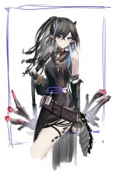 Rule 34 | 1girl, arknights, armlet, bare shoulders, belt, black dress, black gloves, black hair, blacknight (arknights), blue hair, closed mouth, dress, earrings, elbow gloves, eugle na, folded fan, folding fan, gloves, hand fan, highres, holding, holding fan, horns, jewelry, long hair, looking at viewer, material growth, mole above eye, multicolored hair, oripathy lesion (arknights), partially fingerless gloves, pointy ears, ponytail, purple eyes, single earring, sketch, sleeveless, sleeveless dress, solo, streaked hair, thigh strap, thighs, two-tone hair