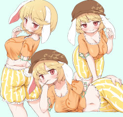 Rule 34 | 1girl, animal ears, aqua background, arinu, blonde hair, blush, breasts, brown headwear, cabbie hat, cleavage, closed mouth, collarbone, floppy ears, groin, hat, highres, large breasts, multiple views, navel, orange shirt, rabbit ears, red eyes, ringo (touhou), shirt, short hair, short sleeves, shorts, simple background, smile, striped clothes, striped shorts, touhou, vertical-striped clothes, vertical-striped shorts, yellow shorts