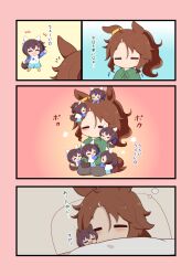 Rule 34 | +++, 6+girls, :3, :d, ^ ^, animal ears, bed sheet, blue hair, blue shorts, blush, brown hair, chibi, chibi only, closed eyes, closed mouth, collared shirt, commentary request, daitaku helios (umamusume), ears down, fang, gomashio (goma feet), green shirt, grey pants, hair between eyes, hair ornament, hairclip, highres, horse ears, horse girl, horse tail, mejiro palmer (umamusume), mini person, minigirl, multicolored hair, multiple girls, open mouth, orange socks, pants, pillow, seiza, shirt, shorts, sitting, sleeping, smile, socks, solid oval eyes, streaked hair, tail, translation request, trembling, umamusume, under covers, white hair, white shirt