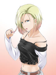 Rule 34 | 1girl, adjusting hair, android 18, bare shoulders, belt, blonde hair, blue eyes, breasts, dragon ball, dragonball z, ear piercing, earrings, female focus, groin, highres, jewelry, long sleeves, looking at viewer, midriff, moku., nail polish, navel, off shoulder, parted lips, piercing, pink nails, short hair, solo, strap slip, vest