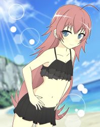 Rule 34 | 1girl, ahoge, ains, artist request, bang dream!, bare shoulders, beach, bikini, black bikini, blue eyes, blurry, blurry background, blush, breasts, closed mouth, cloud, collarbone, hands on own hips, highres, lens flare, light rays, long hair, looking at viewer, navel, ocean, outdoors, pink hair, sand, sky, small breasts, smile, solo, standing, sunlight, swimsuit, tagme, tamade chiyu, water