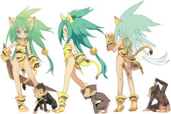 Rule 34 | 1girl, animal ears, animal hands, animal print, ass, blade (galaxist), boomerang, bottomless, cat ears, cat tail, cham cham, flat chest, gloves, green eyes, green hair, highres, monkey, multiple views, no panties, paku paku, paw gloves, paw shoes, queen&#039;s blade, queen&#039;s gate, samurai spirits, shoes, simple background, snk, tail, tiger print, torn clothes, turnaround, white background, wind, wind lift