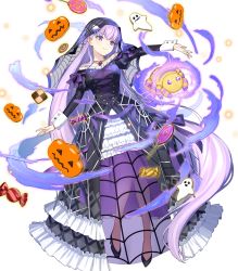 Rule 34 | 1girl, absurdly long hair, aura, black footwear, candy, closed mouth, cookie, costume, dark aura, dress, female focus, fire emblem, fire emblem: the binding blade, fire emblem heroes, floating, floating object, food, frills, full body, ghost, halloween, halloween costume, high heels, highres, jack-o&#039;-lantern, jewelry, lolita fashion, lollipop, long dress, long hair, long sleeves, looking away, matching hair/eyes, necklace, nintendo, official alternate costume, official art, puffy sleeves, purple eyes, purple hair, see-through, smile, solo, sophia (fire emblem), spider web print, stuffed toy, transparent background, urata asao, veil, very long hair, wrist cuffs