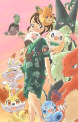 Rule 34 | 1girl, absurdres, arm at side, backpack, bag, cameo, charmeleon, child, clenched hand, closed eyes, covering own mouth, creatures (company), eyelashes, female focus, fennekin, fingernails, flat chest, floating, game freak, gen 1 pokemon, gen 6 pokemon, gen 7 pokemon, gen 8 pokemon, gen 9 pokemon, hand fan, hand up, happy, highres, index finger raised, japanese clothes, jinbei (clothes), juliana (pokemon), kurou (nndh7223), legs, long hair, looking at another, looking at viewer, looking to the side, mask, mask on head, meowscarada, neck, nintendo, official alternate costume, official alternate hairstyle, open mouth, outdoors, pawmot, pokemon, pokemon (creature), pokemon sv, poltchageist, rowlet, scorbunny, short sleeves, shorts, side ponytail, side slit, sidelocks, size difference, smile, sobble, standing, swept bangs, thighs, traditional clothes, water yoyo, wide sleeves