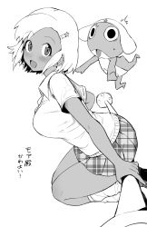 Rule 34 | 1girl, absurdres, angol mois, arched back, blush, breasts, collared shirt, dark-skinned female, dark skin, from side, greyscale, hair ornament, highres, hotate-chan, keroro, keroro gunsou, large breasts, looking at viewer, miniskirt, monochrome, open mouth, plaid, plaid skirt, pleated skirt, shirt, short sleeves, simple background, skirt, smile, star (symbol), star hair ornament, sweater vest, thighs