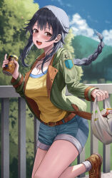 Rule 34 | 1girl, :d, badge, bag, belt, black hair, blue shorts, blue sky, blurry, blurry background, blush, braid, breasts, brown eyes, brown footwear, can, cleavage, cloud, commentary request, denim, denim shorts, drink can, green jacket, highres, holding, holding bag, jacket, large breasts, long hair, looking at viewer, mountainous horizon, open mouth, outdoors, raging loop, railing, serizawa chiemi, shirt, shorts, sidelocks, silvertsuki, sky, smile, socks, soda can, solo, teeth, tree, upper teeth only, white socks, yellow shirt