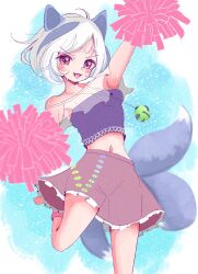 Rule 34 | 1girl, ajtajt595, animal ears, arm up, blue background, cheerleader, commentary request, dog ears, dog tail, highres, holding, holding pom poms, jewelry, leg up, looking at viewer, mitsugashira enoko, multicolored hair, multiple tails, navel, open mouth, pendant, pom pom (cheerleading), pom poms, purple hair, purple shirt, red eyes, shirt, short hair, skirt, smile, solo, streaked hair, tail, touhou, v-shaped eyebrows, white hair