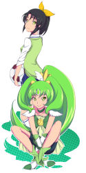 Rule 34 | 10s, 1girl, ball, boots, bow, bowtie, circlet, cure march, dual persona, green eyes, green hair, green shorts, green sweater vest, green theme, highres, kani get, kneehighs, long hair, midorikawa nao, ponytail, precure, ribbon, shorts, shorts under skirt, sitting, skirt, sleeves rolled up, smile, smile precure!, soccer ball, socks, sweater vest, telstar, tiara, tri tails, white background, wrist cuffs