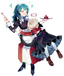 Rule 34 | 2girls, apron, bad id, bad twitter id, battery indicator, byleth (female) (fire emblem), byleth (fire emblem), cake, closed eyes, dress, eating, edelgard von hresvelg, fire emblem, fire emblem: three houses, food, green hair, head down, heart, high heels, highres, hug, maid, maid apron, maid headdress, meunhongcha, multiple girls, nintendo, red dress, silver hair, simple background, sitting, sitting on lap, sitting on person, smile, white background