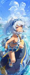 Rule 34 | 1girl, absurdres, bare shoulders, bikini, blue bikini, blue hair, blue hairband, blue nails, blue sky, braid, breasts, clenched teeth, cloud, cloudy sky, commentary, crop top, dark skin, fingerless gloves, fish-shaped pillow, genshin impact, gloves, gradient eyes, hairband, highres, light blue hair, long hair, looking at viewer, medium breasts, mualani (genshin impact), multicolored eyes, nail polish, ocean, orange eyes, outdoors, ritae, shark, sky, smile, solo, surfing, swimsuit, tan, teeth, toenail polish, toenails, toes, twin braids, v-shaped eyebrows, very long hair, water