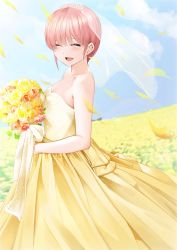 Rule 34 | 1girl, asymmetrical hair, bare shoulders, blue sky, bouquet, breasts, bridal veil, bride, cleavage, cloud, collarbone, cowboy shot, dress, closed eyes, flower, go-toubun no hanayome, highres, holding, holding bouquet, mame1645, medium breasts, nakano ichika, open mouth, outdoors, petals, pink flower, pink hair, pink rose, rose, sky, solo, standing, sunlight, veil, wedding dress, yellow dress, yellow flower, yellow rose