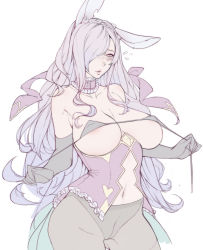 Rule 34 | 1girl, alternate costume, animal ears, areola slip, blush, breasts, cameltoe, camilla (fire emblem), cleavage, curly hair, embarrassed, fire emblem, fire emblem fates, fire emblem heroes, flying sweatdrops, gtunver, hair over one eye, highres, limited palette, navel, nintendo, pantyhose, parted lips, purple hair, rabbit ears, simple background, solo, stomach, undressing, unfinished