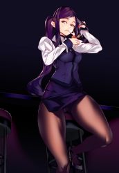 Rule 34 | 1girl, bartender, black pantyhose, cigarette, highres, holding, jill stingray, juliet sleeves, lighter, lighting cigarette, long hair, long sleeves, looking at viewer, mouth hold, oxykoma, pantyhose, parted lips, pencil skirt, puffy sleeves, purple hair, purple skirt, purple vest, shirt, sitting, skirt, solo, stool, thighband pantyhose, twintails, va-11 hall-a, very long hair, vest, white shirt