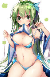 Rule 34 | 1girl, antenna hair, bare shoulders, bikini, blue bikini, blue ribbon, blush, breasts, clothes in mouth, clothes lift, commentary request, detached sleeves, efe, frog hair ornament, green eyes, green hair, groin, hair between eyes, hair ornament, hair ribbon, highres, kochiya sanae, lifting own clothes, long hair, long sleeves, looking at viewer, medium breasts, mouth hold, navel, ribbon, seiza, shirt, shirt in mouth, shirt lift, side-tie bikini bottom, simple background, sitting, snake hair ornament, solo, stomach, strap pull, sweat, swimsuit, thighs, touhou, very long hair, white background, white shirt, wide sleeves