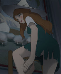 Rule 34 | 1girl, ass, blush, breasts, brown hair, character request, disembodied hand, dress, female pubic hair, gloves, green dress, haruyama kazunori, hat, ladder, lipstick, long hair, looking at viewer, makeup, medium breasts, painting (object), pubic hair, skirt, smile, the king and the bird, witch hat