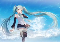 Rule 34 | 1girl, :d, arm at side, bare shoulders, black skirt, blue eyes, blue hair, blue nails, blue necktie, blue sky, blush, cloud, cloudy sky, day, detached sleeves, fingernails, floating hair, hanako151, hand in own hair, hand up, happy, hatsune miku, headset, legs up, long hair, looking at viewer, nail polish, necktie, open mouth, outdoors, see-through, shirt, skirt, sky, sleeveless, sleeveless shirt, smile, solo, standing, standing on one leg, teeth, thighhighs, thighs, twintails, upper body, upper teeth only, very long hair, vocaloid, white shirt
