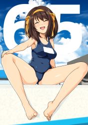 Rule 34 | 1girl, ^ ^, absurdres, bare arms, blue one-piece swimsuit, breasts, brown hair, closed eyes, hair intakes, hair ornament, hairband, haruhisky, highres, medium breasts, one-piece swimsuit, one eye closed, open mouth, school uniform, simple background, smile, solo, spread legs, suzumiya haruhi, suzumiya haruhi no yuuutsu, swimsuit, teeth, upper teeth only