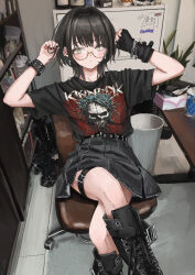 Rule 34 | 1girl, absurdres, arms up, belt buckle, black footwear, black gloves, black hair, black skirt, bookshelf, boots, buckle, cabinet, chair, cross-laced footwear, crossed legs, cup, desk, disposable cup, expressionless, fingerless gloves, gishiki (gshk), gloves, goth fashion, hands up, heavy metal, highres, indoors, lace-up boots, looking at viewer, medium hair, office chair, original, playing with own hair, rug, semi-rimless eyewear, shirt, short sleeves, single glove, sitting, skirt, skull, solo, sticker, studded bracelet, swivel chair, thigh strap, trash can, under-rim eyewear, white shirt, yellow-framed eyewear