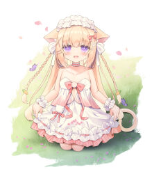 Rule 34 | 1girl, :d, animal, animal ear fluff, animal ears, bare shoulders, blonde hair, blush, bow, braid, bug, butterfly, cat ears, cat girl, cat tail, collarbone, commentary request, dress, frilled dress, frills, full body, hair between eyes, hair ornament, hairclip, highres, insect, long hair, looking at viewer, on grass, open mouth, original, petals, pink bow, purple eyes, satsuki yukimi, seiza, sitting, smile, solo, strapless, strapless dress, tail, twin braids, very long hair, white dress, wrist cuffs, x hair ornament