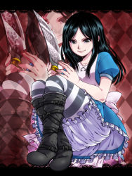 Rule 34 | 1girl, alice: madness returns, alice (alice in wonderland), alice in wonderland, alice liddell (american mcgee&#039;s alice), american mcgee&#039;s alice, american mcgee's alice, artist request, black hair, bloomers, boots, dress, green eyes, jewelry, knife, necklace, skirt, smile, solo, striped clothes, striped thighhighs, tagme, thighhighs, underwear, weapon