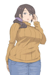 Rule 34 | 1girl, arm at side, blue pants, breasts, brown eyes, commentary request, denim, hair ornament, hair scrunchie, hand up, jeans, large breasts, lipstick, long hair, makeup, mature female, original, pants, puuyan, ribbed sweater, scrunchie, simple background, smile, solo, standing, sweater, white background