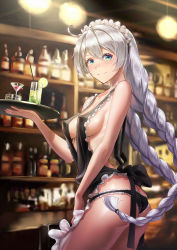 Rule 34 | 1girl, apron, ass, bar (place), black apron, black panties, blue eyes, blush, bottle, braid, breasts, butt crack, closed mouth, cocktail, cocktail glass, counter, covered erect nipples, cup, drinking glass, drinking straw, frilled apron, frilled panties, frills, gotointhepark, hair between eyes, highres, holding, holding tray, honkai (series), honkai impact 3rd, indoors, kiana kaslana, long hair, looking at viewer, looking back, lowleg, lowleg panties, maid headdress, medium breasts, nearly naked apron, nose blush, panties, sideboob, smile, solo, tray, twin braids, underwear, very long hair