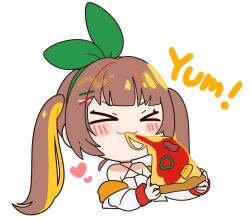 Rule 34 | &gt; &lt;, 1girl, :3, bare shoulders, blush, bow, brown hair, chibi, eating, food, fruit, green bow, green pepper, hair bow, heart, holding, holding food, holding pizza, indie utaite, indie virtual youtuber, multicolored hair, mzh, nanahira, pineapple, pizza, streaked hair, twintails, white background, x3