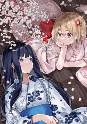 Rule 34 | 2girls, black hair, blonde hair, blue kimono, blurry, cherry blossoms, closed mouth, commentary, depth of field, eye contact, falling petals, floral print, hair between eyes, hair ribbon, head rest, highres, inoue takina, japanese clothes, kimono, long hair, looking at another, lycoris recoil, lying, multiple girls, neko tama45, nishikigi chisato, obi, on back, one side up, parted lips, petals, pink kimono, purple eyes, red eyes, red ribbon, ribbon, sash, shade, short hair, sidelocks, smile, twitter username, upper body