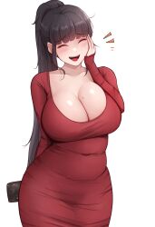 Rule 34 | 1girl, :d, ^ ^, absurdres, black hair, breasts, cheonju, closed eyes, collarbone, commentary, covered navel, cowboy shot, curvy, dongtan dress, dress, hand on own cheek, hand on own face, highres, huge breasts, long hair, long sleeves, mature female, meme attire, mole, mole on breast, open mouth, original, ponytail, red dress, shiny skin, simple background, sleeves past wrists, smile, solo, white background