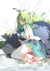 Rule 34 | 1girl, barefoot, ceres fauna, feet, green hair, hololive, hololive english, long hair, looking at viewer, smile, soles, stirrup legwear, sydus, toeless legwear, toes, virtual youtuber, yellow eyes