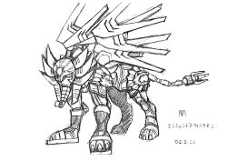 Rule 34 | 00s, absurdres, ancientsphinxmon, armor, character name, claws, concept art, digimon, digimon (creature), digimon frontier, highres, mechanical wings, monochrome, official art, scan, simple background, solo, sphinx, tail, ten legendary warriors, translated, white background, wings