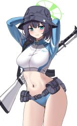Rule 34 | 1girl, ammunition pouch, arm behind head, belt, bikini, bikini bottom only, black hair, blue archive, breasts, bucket hat, commentary request, expressionless, fujisawa sorao, green eyes, gun, halo, hat, highres, lahti-saloranta m/26, large breasts, long sleeves, looking at viewer, navel, official alternate costume, pouch, raglan sleeves, saki (blue archive), saki (swimsuit) (blue archive), short hair, simple background, solo, swimsuit, weapon, weapon on back, white background