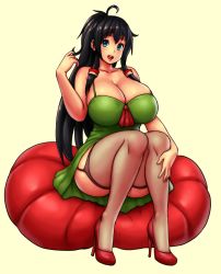 Rule 34 | 1girl, bare shoulders, black hair, blue eyes, breasts, character request, cleavage, dress, erkaz, full body, garter straps, green dress, hand up, high heels, highres, huge breasts, long hair, looking at viewer, open mouth, original, red footwear, simple background, sitting, smile, solo, stiletto heels, thighhighs, yellow background