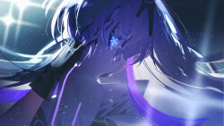 Rule 34 | 1girl, asymmetrical sleeves, black gloves, blue eyes, cevio, chinese commentary, coat, commentary request, covering face, crying, crying with eyes open, fingerless gloves, gloves, glowing, glowing eyes, hair ornament, hands on own face, high collar, highres, kamitsubaki studio, long hair, long sleeves, looking ahead, multicolored hair, portrait, purple hair, revision, sekai (cevio), short sleeves, sidelighting, sidelocks, single fingerless glove, solo, sparkle, star-shaped pupils, star (symbol), streaked hair, symbol-shaped pupils, tears, three quarter view, uneven sleeves, walluka, white coat, white hair