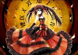 Rule 34 | 10s, 1girl, bare shoulders, black hair, breasts, cleavage, clock, clock eyes, date a live, dress, hairband, heterochromia, highres, ice-light, jacknavy, lolita fashion, lolita hairband, long hair, looking at viewer, red eyes, ribbon, roman numeral, smile, solo, symbol-shaped pupils, tokisaki kurumi, twintails, yellow eyes