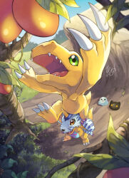 Rule 34 | agumon, blurry, blurry background, blurry foreground, botamon, colored skin, digimon, digimon (creature), fangs, food, from above, fruit, gabumon, green eyes, highres, horns, konagonana, looking up, nature, no humans, on shoulder, orange skin, outdoors, poyomon, reaching, red eyes, reptile, signature, single horn, standing on shoulder
