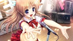 Rule 34 | 10s, 1girl, :d, bekkankou, blush, bow, bowtie, daitoshokan no hitsujikai, game cg, hair ribbon, microphone, microphone stand, non-web source, open mouth, outstretched arms, outstretched hand, plaid, plaid bow, plaid bowtie, plaid neckwear, plaid skirt, pleated skirt, ribbon, school uniform, shirasaki tsugumi, skirt, smile, solo, speaker, sweater, vest