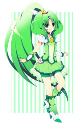 Rule 34 | 10s, 1girl, big hair, bike shorts, bike shorts under skirt, bow, bowtie, choker, cure march, dress, full body, green background, green bow, green bowtie, green dress, green eyes, green hair, green shorts, green skirt, green theme, long hair, matching hair/eyes, midorikawa nao, no nose, ponytail, precure, ribbon, shoes, shorts, shorts under skirt, skirt, smile, smile precure!, solo, soranagi, striped, striped background, tri tails, vertical stripes, very long hair