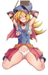 Rule 34 | 1girl, ;(, absurdres, armpits, arms up, bdsm, blonde hair, blue eyes, blush stickers, bondage, bound, breasts, dark magician girl, fang, full body, gluteal fold, groin, hat, highres, kneeling, looking at viewer, navel, nipples, one eye closed, panties, restrained, rope, sad, skirt, tears, torn clothes, underwear, white panties, yu-gi-oh!