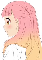 Rule 34 | 1girl, absurdres, aikatsu! (series), aikatsu friends!, blonde hair, blush, closed mouth, from behind, highres, long hair, pink hair, red eyes, sekina, shirt, simple background, smile, solo, upper body, white background, white shirt, yuki aine