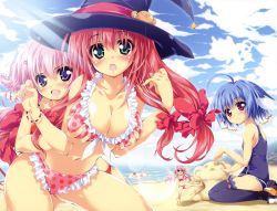 Rule 34 | 4girls, :d, absurdres, ahoge, beach, bikini, black legwear, blue hair, blue sky, blush, bow, bracelet, breasts, casual one-piece swimsuit, cleavage, cloud, collarbone, day, figu@mate, flat chest, frilled bikini, frills, grabbing, grabbing another&#039;s breast, green eyes, hair bow, hair ornament, hairclip, hat, highres, huge filesize, jewelry, jewels ocean, kicking, leaning forward, long hair, medium breasts, metamor fantasy, mini person, minigirl, mitsuki mantarou, multiple girls, one-piece swimsuit, open mouth, otome renshin prister, outdoors, pink hair, polka dot, polka dot bikini, polka dot swimsuit, purple eyes, red eyes, ribbon-trimmed legwear, ribbon trim, sand sculpture, school swimsuit, shoes, short hair, sitting, sky, small breasts, smile, sneakers, swimsuit, thighhighs, wariza, water, witch hat, yuyi