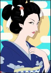 Rule 34 | 1girl, black hair, blue kimono, brown eyes, chris re5, commentary, english commentary, hair ornament, instagram username, japanese clothes, kimono, looking at viewer, nihongami, one piece, pink lips, smile, solo, tsurujo (one piece), twitter username, upper body