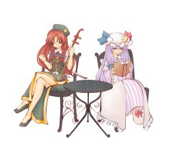Rule 34 | 2girls, bad id, bad pixiv id, book, bow (music), braid, chair, chinese clothes, closed mouth, crescent, dress, erhu, closed eyes, hair ribbon, hat, highres, hong meiling, instrument, crossed legs, light smile, long hair, looking at another, moon, multiple girls, music, nose, patchouli knowledge, plantplanetplace, playing instrument, puffy sleeves, purple dress, purple eyes, purple hair, red hair, ribbon, shoes, sitting, smile, star (symbol), table, touhou, twin braids, white background