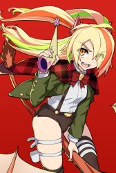 Rule 34 | 1girl, black thighhighs, blonde hair, broom, broom riding, burn the witch, cape, green hair, marshall (burn the witch), multicolored hair, nikaidou saki, ninny spangcole, red cape, red hair, shirt, streaked hair, thighhighs, uganda (ugandam 00), white shirt, yellow eyes, zombie land saga