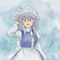 Rule 34 | 1girl, apron, blue background, blue eyes, blue hair, blue skirt, blue vest, hand up, hands in hair, highres, koyane (silver81106), lapel pin, letty whiterock, looking at viewer, medium hair, open mouth, skirt, smile, solo, touhou, triangular headpiece, vest, waist apron, white apron, white headwear