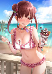 Rule 34 | 1girl, :d, bare shoulders, beach, bikini, blue sky, blurry, blush, breasts, brown hair, cleavage, collarbone, cowboy shot, cup, day, depth of field, double bun, drinking glass, dripping, food, frilled bikini, frills, hair bun, hair ornament, highres, holding, ice cream, idolmaster, idolmaster shiny colors, jewelry, large breasts, long hair, looking at viewer, medium breasts, monaka curl, navel, necklace, nose blush, open mouth, outdoors, parfait, pink bikini, polka dot, polka dot bikini, red eyes, short twintails, sky, smile, solo, sonoda chiyoko, spoon, standing, stomach, sunlight, swimsuit, thighs, twintails
