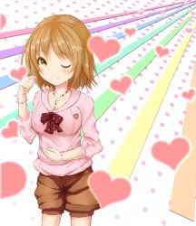 Rule 34 | 10s, 1girl, ;), bracelet, breasts, brown eyes, brown hair, cleavage, hair ornament, hairclip, hak, hand on own stomach, heart, idolmaster, idolmaster cinderella girls, jewelry, mimura kanako, necklace, one eye closed, short hair, shorts, smile, solo, wink