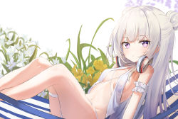 Rule 34 | + +, 1girl, azur lane, bare shoulders, bikini, blue eyes, blush, breasts, closed mouth, commentary request, double bun, flower, hair between eyes, hair bun, hammock, headphones, headphones around neck, highres, le malin (azur lane), le malin (mercredi at the secret base) (azur lane), long hair, looking at viewer, mint (psmin30), navel, scrunchie, sidelocks, silver hair, small breasts, solo, swimsuit, symbol-shaped pupils, very long hair, white bikini, white flower, white scrunchie, yellow flower